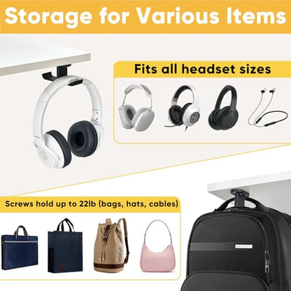Under Desk Headphone Hanger with Strong Adhesive and Screws Mount, 360° Rotatable Dual Headset Holder Stand, Aluminum Metal Adjustable Headphone Hook, Perfect for Home Gaming & Office - Black - size: Black - 2 Headphones, Metal