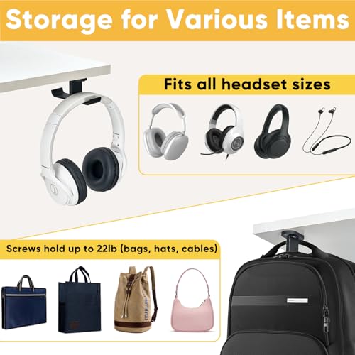 Under Desk Headphone Hanger with Strong Adhesive and Screws Mount, 360° Rotatable Dual Headset Holder Stand, Aluminum Metal Adjustable Headphone Hook, Perfect for Home Gaming & Office - Black - size: Black - 2 Headphones, Metal
