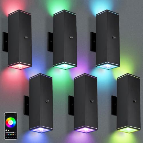 Outdoor Wall Lights 6 Pack, RGBCW Exterior Lighting Sconce,2700K-6500K Dimmable Smart Porch Lights Outdoor for House Patio Garage, Compatible with Alexa/Google Assistant, Bulb Included - color: Black-Square 1, size: 6 Pack