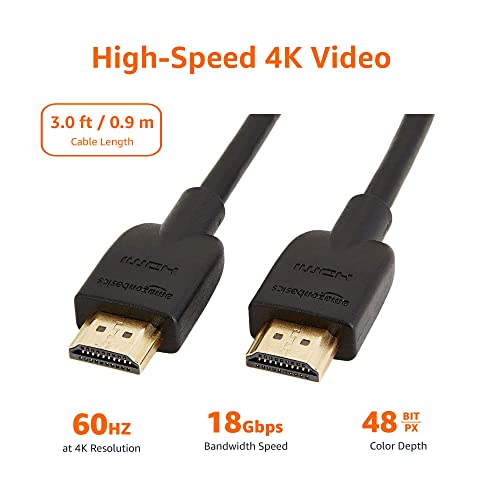 Amazon Basics HDMI Cable, 2-Pack, 3ft, 4K@60Hz, High-Speed 4K HDMI 2.0 Cord for Blu-ray, Ethernet, 2160p, 48 bit, Compatible with TV/PS5/Xbox/Roku, Black - size: 3 Feet