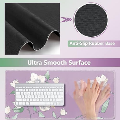 AIMSA Flower Desk Mat, Purple Mouse Pad with Wrist Rest Set, XXL Mousepad+Keyboard Wrist Rest+Mouse Pad Wrist Support+Coaster for Home Office Accessories - color: Purple Flowers