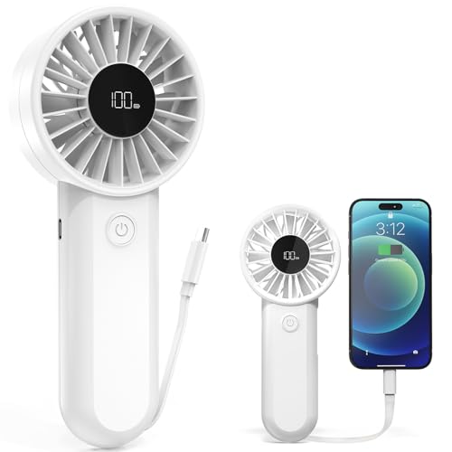 AMACOOL Handheld Fan Rechargeable, Built-in Type-C Cable, 5-Speed Personal Fan with LED Display, Max 12H Runtime, Portable Fans for Travel Outdoor Cruise Makeup, Gifts for Women Stylish Girl (White) - color: White