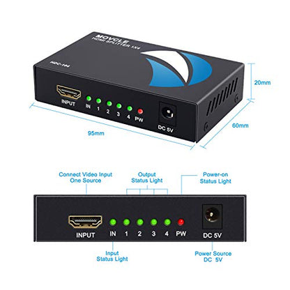 HDMI Splitter 1 in 4 out Full Ultra HD 1080P 4K/2K 1X4 Port Box Hub with US Adapter v1.4 Powered Certified for 3D Support | Powered HDMI Splitter, Plug & Play 4K HDMI splitter' 4-Way Output Compatible for Laptop, TV, PS5/4, Blu-ray - size: 1 in 4 out