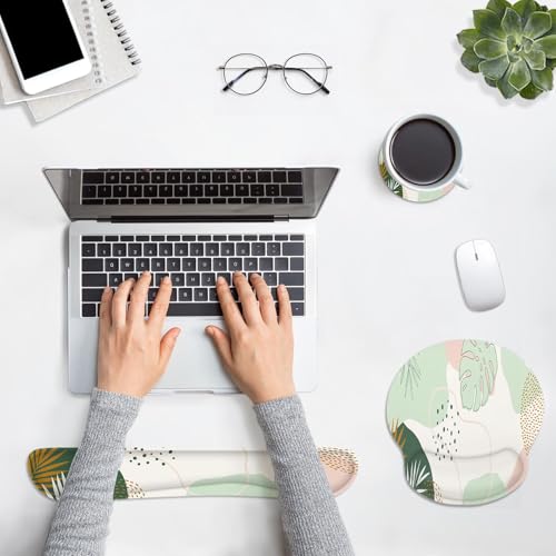 Ergonomic Mouse Pad Set with Wrist Rest, Boho Leaves | Green Non-Slip Rubber Base Wrist Cushion Support and Coasters Mousepad with Wrist Support for Computer Keyboard - color: Green Boho Leaves