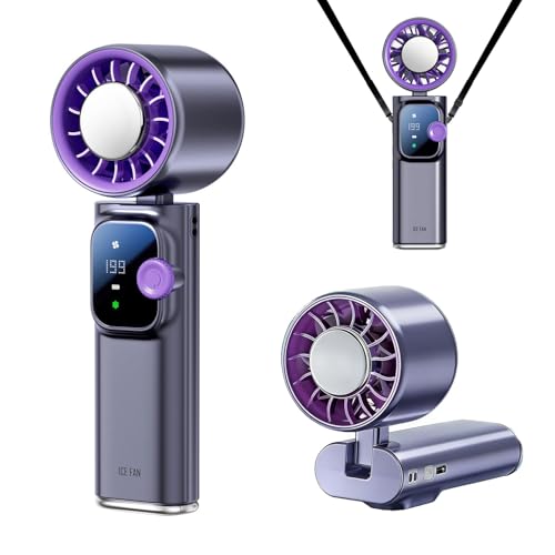 Portable Handheld Fan with Ice Cooling Personal Rechargeable Mini Neck Fan | 199-Speed 20000RPM 4000mAh Battery Powered up to 15hrs, LED Display Foldable & Hangable for Travel, Camping & Outdoor, Purple - color: Gray-Purple