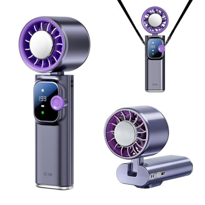 Portable Handheld Fan with Ice Cooling Personal Rechargeable Mini Neck Fan | 199-Speed 20000RPM 4000mAh Battery Powered up to 15hrs, LED Display Foldable & Hangable for Travel, Camping & Outdoor, Purple - color: Gray-Purple