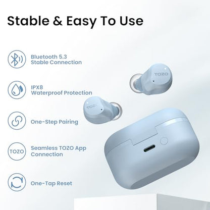 TOZO NC9 Hybrid Active Noise Cancelling Wireless Earbuds, 60H, LED Display | 6 Mic ENC Clear Calls, Deep Bass Sound, IPX8 Waterproof, in Ear Bluetooth 5.3 Headphones,32 EQs via APP, Comfort Fit Ear Buds - color: Dusty Blue