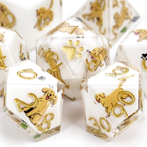 DND Dice Set 7-Pcs, Sharp Edge Cute Dog Style Resin Dice Polyhedral Resin Sharp Edge Dice for Roleplaying Games Dungeons and Dragons RPG MTG Table Games（French Bulldog） - color: White, style: Golden Retriever