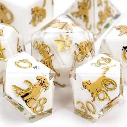 7Pcs DND Dice Set,Sharp Edge Resin Dice for D&D,French Bulldog | Polyhedral DND Dice,Smooth Polished Surface,Ideal Gift For Tabletop Role Playing Game Lovers Adults Women Men Teens - color: White, style: Golden Retriever