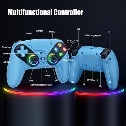 Xexvyrin LED Wireless Controller for PS5, Compatible with PS5 Pro/Slim/PC, Dual Vibration, Macro/Turbo Function, 3.5mm Audio Jack,1000mAh Battery, 6-Axis Motion Control Gamepad with Speaker（Black） (blue) - color: Blue