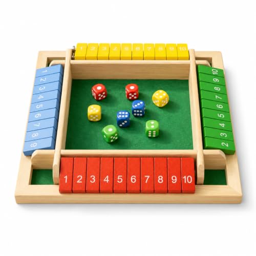 Pedolini Shut the Box Game, Travel Size Wooden Dice Board Game, 8.6 in | travel size 8.6 in board, wooden frame, 4-player layout, 8 colored dice