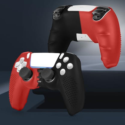 PS5 Controller Skin, Anti-Slip Soft Silicone Protective Cover Case for PlayStation 5 Controller Grip Accessories, 2 Pack with 8 x Thumb Grip Caps (Black&Red) - color: Black&Red