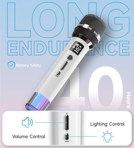 Wireless Microphones, Microphone with One-to-One Chip Connection and LED Lights, 40H Duration, 200FT Range Receiving, Volume Control Karaoke Microphone for Singing, Speech, Home Party, YouTube/TikTok