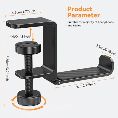 Headphone Hanger Holder Stand -Under Desk Headphone Hanger， Headset Hook Holder with Foldable，Space-Saving Aluminum Stand with Universal Fit for Gaming PC Accessories (Black-1PCS)