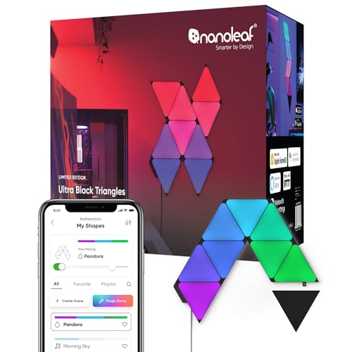 Nanoleaf Shapes Black Triangle LED Wall Lights, Smart RGBW Gaming Lights for Room & Modern Decor, 16M+ Colors with Music Sync, Works with Alexa & Google Assistant, DIY Wall Art (9-Pack Smarter Kit) - size: Black Triangles Smarter Kit (9 Pack)