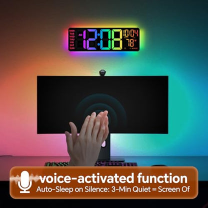 YISILE 16 Inch RGB LED Digital Wall Clock - 8 Color Display, 6 Night Light Modes, Bluetooth Auto Time Sync, Sound Wake-Up, Dual Alarm, Auto DST, Remote Dimmer for Bedroom, Living Room & Gaming Room