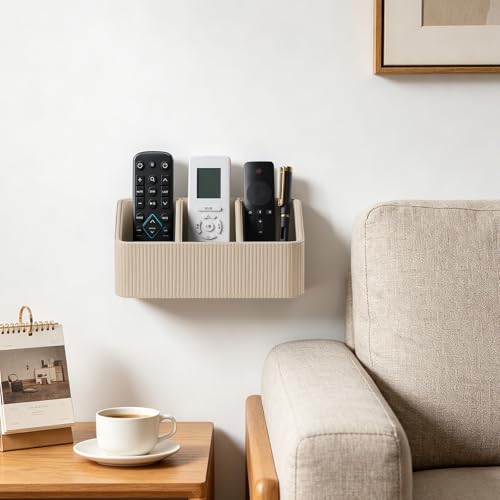 No Drill PU Leather Wall Remote Holder, 3 Compartments Storage Caddy for TV AC Remotes, Pens, Eyeglasses, Home Bedroom Bathroom Office (Stylish Beige Fine Ribbed) - color: Stylish Beige Fine Ribbed