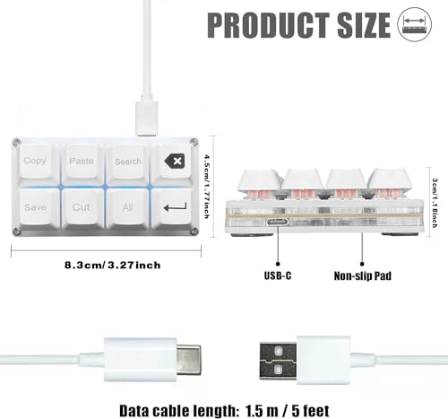 BTXETUEL Copy Paste Search Backspace Save Cut All Enter 8-Key Keyboard SayoDevice One Handed OSU Keypad Programmable Mechanical Shortcut Macro Keyboard for Working and Gaming (White) - color: White