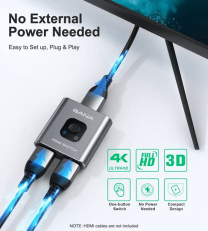 HDMI Switch 4k@60hz Splitter, GANA Aluminum Bidirectional HDMI Switcher 2 in 1 Out, Manual HDMI Hub Supports HD Compatible with Xbox PS5/4/3 Blu-Ray Player Fire Stick Roku - color: Grey (No Cable)