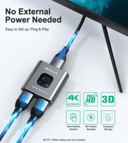 HDMI Switch 4k@60hz Splitter, GANA Aluminum Bidirectional HDMI Switcher 2 in 1 Out, Manual HDMI Hub Supports HD Compatible with Xbox PS5/4/3 Blu-Ray Player Fire Stick Roku - color: Grey (No Cable)