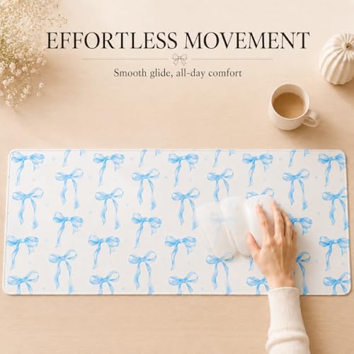 Blue Bow Desk Mat 35.4x15.7 Inch, Large Extended Mouse Pad with Coquette Bow Pattern, Non-Slip Waterproof Desk Pad for Home Office, Study & Aesthetic Setup (Blue Bow) - color: Blue Bow