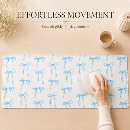 Blue Bow Desk Mat 35.4x15.7 Inch, Large Extended Mouse Pad with Coquette Bow Pattern, Non-Slip Waterproof Desk Pad for Home Office, Study & Aesthetic Setup (Blue Bow) - color: Blue Bow