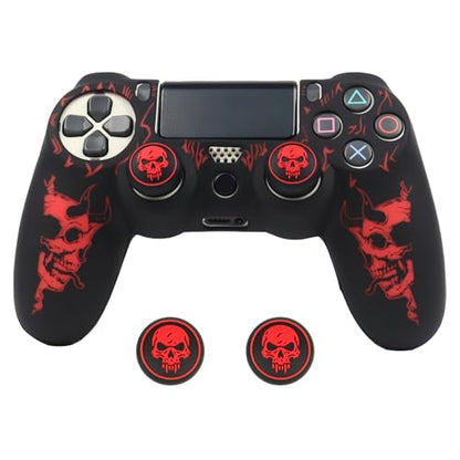 RALANHorned Skull Head Design Controller Skin Cover with 2 Thumb Grips Compatible with PS4/Playstation 4 Slim/Pro Controller - color: Horned Skull Black Red