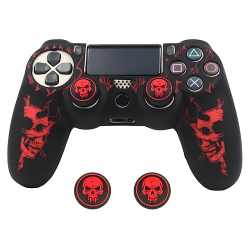 RALANHorned Skull Head Design Controller Skin Cover with 2 Thumb Grips Compatible with PS4/Playstation 4 Slim/Pro Controller - color: Horned Skull Black Red