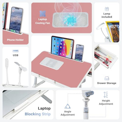 Adjustable Laptop Lap Desk with Cooling Fan USB Light for Adults 60x40cm,Pink - color: Pink+holder,60x40cm
