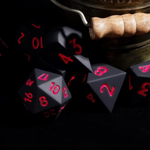 7-Piece Jumbo Silicone DND Dice Set, 25mm Oversized D&D Dice | Round Edges Soft Perfect Bouncer Compatible with Dungeons and Dragons RPG Bar Pub Club Party Games - color: Black W/Red Numbers