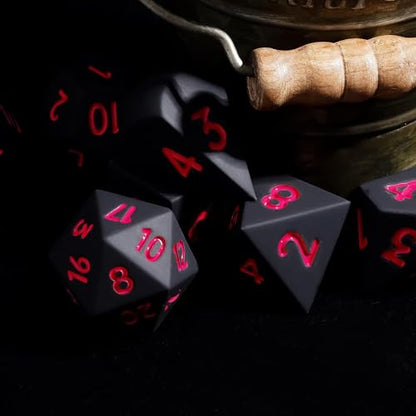7-Piece Jumbo Silicone DND Dice Set, 25mm Oversized D&D Dice | Round Edges Soft Perfect Bouncer Compatible with Dungeons and Dragons RPG Bar Pub Club Party Games - color: Black W/Red Numbers