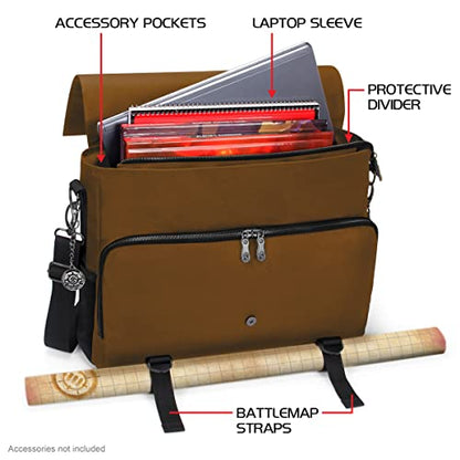 ENHANCE Collector's Edition RPG Player's Essentials DND Bag - Dragon Hide Exterior Messenger Bag Fits 2-4 Books, Binders, Dice & Accessories, with 17 inch Laptop Slot, Battlemap Straps (Dragon Brown) - color: Dragon Brown
