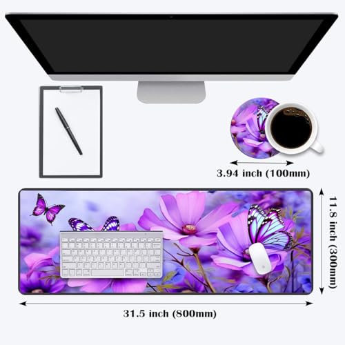 Desk Pad Mat Gaming Mouse Pads with Coasters,Stitched Edges Design Mouse Pad XXL Large Mouse Pad for Laptop Computers Purple Flowers and Butterflies Desk Writing Mat for Office & Home - color: Purple Flowers and Butterflies