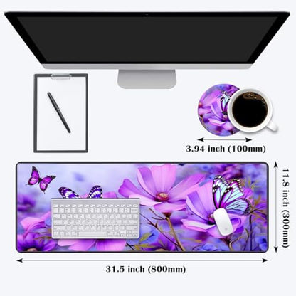 Desk Pad Mat Gaming Mouse Pads with Coasters,Stitched Edges Design Mouse Pad XXL Large Mouse Pad for Laptop Computers Purple Flowers and Butterflies Desk Writing Mat for Office & Home - color: Purple Flowers and Butterflies