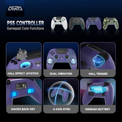 ASRVA Purple Wireless Pro Controller for PS5, Hall Effect Joystick No Drift, 2 Back Paddles, Macro, Gyro, 1000mAh, RGB, Compatible with PS5/Pro/Slim/PC/iOS/Android - color: Purole