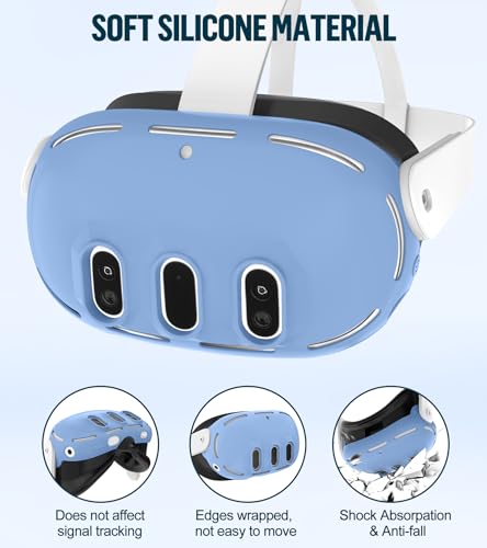 Silicone Cover Set Compatible with Meta Oculus/Quest 3, VR Accessories Protective Cover Includes Controller Grips, Front Shell Headset Cover and Face Cover, Not Fit Quest 3S(Haze Blue) - color: Haze Blue