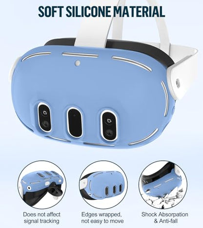 Silicone Cover Set Compatible with Meta Oculus/Quest 3, VR Accessories Protective Cover Includes Controller Grips, Front Shell Headset Cover and Face Cover, Not Fit Quest 3S(Haze Blue) - color: Haze Blue