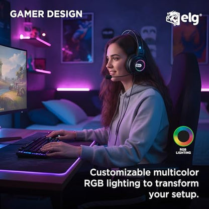 ELG Mizar USB Gaming Headset, PC/PS4/PS5, Virtual 7.1 Surround, 50mm Drivers, Omnidirectional Mic, Pop Filter, Braided Cable, RGB, Black