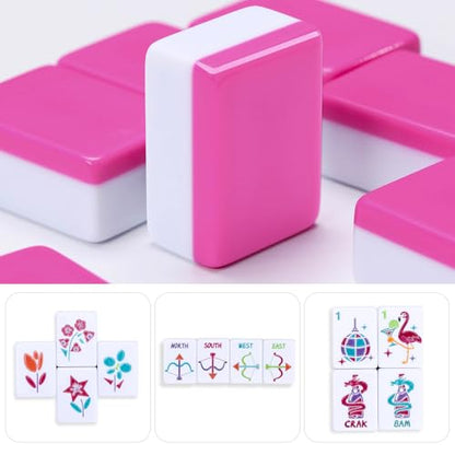 160 Engraved American Mahjong Tiles Set with Carrying Bag and Accessories, 1.2’’ Mahjong Tile Set - color: Magenta