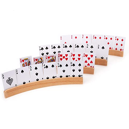 Tebery 4 Pack Wooden Playing Card Holder, Stable Game Card Trays Rack for Elderly, Hand Free Playing Cards Display Organizer for Family Game Night, 13 Inch