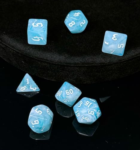 Blue DND 주사위 7개 세트 (서머 블루) | TTRPG, 던전 앤 드래곤, 롤 플레잉 게임 및 기타 테이블 게임을 위한 다면체 주사위 세트 - D20 시스템 주사위 - color: 여름 블루
