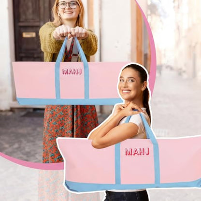 Mahjong Bag for Tiles and Racks Empty American Mahjong Tiles Carrying Tote 31.5 x 12 x 4 Inch Canvas Tile Game Accessory Gift for Pusher Rack Mat Carrying, Case Only (Pink and Blue) - color: Pink and Blue