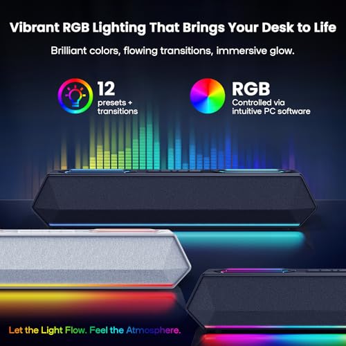 Deeyaple Computer Speakers, 40W PC Speakers for Desktop Monitor with Bluetooth 5.3 & USB Audio, HiFi Stereo Gaming Soundbar with Custom EQ Software, Dynamic RGB Lighting for Laptop, PS4, PS5, Black.