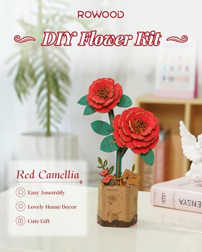 rowood 3D Puzzle,Mother's Day DIY Wooden Flower Craft Kit Building Set,Botanical Collection Home Decor, Valentine's Day/Teacher's Day/Christmas/Birthday Gift for Mom/Women/Grandma-Red Camellia - style: Red Camellia