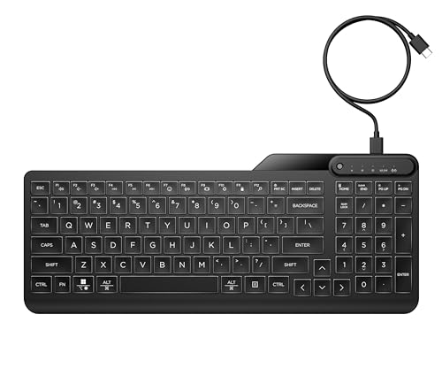 HP 400 Backlit Wired Keyboard (Ash Wired) - Warm White LED Illuminated Keys w/ 3 Brightness Levels - Slim & Portable Design - 12 Programmable Keys - Spill-Resistant, Sanitizable
