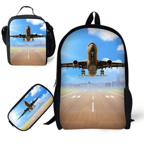 Backpack with Pencil Pouch with Lunch Bag Set for 6+ Years Old Kid Boy Girl - color: Plane Backpack 5- Bookbag + Pencil Bag + Lunch Bag
