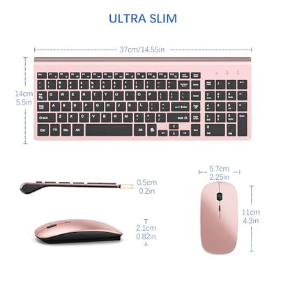 Wireless Keyboard and Mouse Ultra Slim Combo, TopMate 2.4G Silent Compact USB 2400DPI Mouse and Scissor Switch Keyboard Set with Cover, Batteries Included, for PC/Laptop/Windows/Mac - Rose Gold Black - color: Rose Gold Black