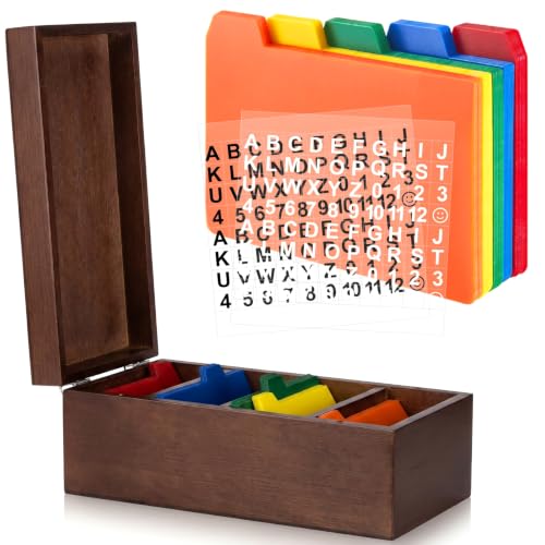 Henoyso 3 x 5 Inch Index Card Holder Set, Bamboo Index Cards Organizer, 50 Pcs Dividers 2 Sheets Alphabet Number Stickers File Note Holders for Office Business Classroom, Brown - color: Brown, size: 3 x 5 Inches