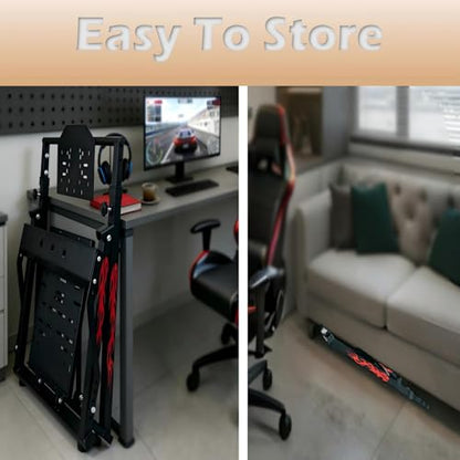 Qvwzd Racing Wheel Stand Foldable Height Adjustable Steering Wheel Stand Portable Racing Simulator Cockpit Metal Frame Universal Fit for Logitech G29 G920 G923 G27 G25 Thrustmaster T300RS T248 T150 T500 Xbox PS4 PS5 PC Square Tube Stand With Chair Slot
