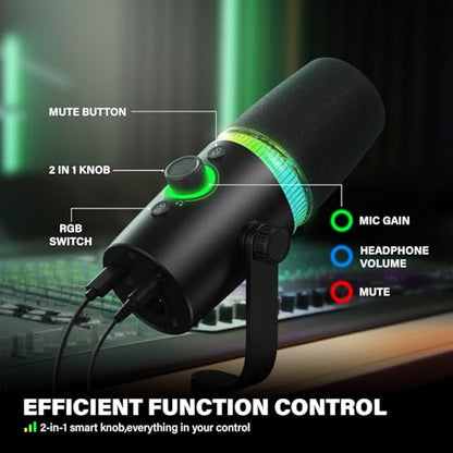 USB Gaming Microphone Set with Boom Arm, XLR/USB Dynamic Microphone for Streaming, Podcast, Twitch, YouTube, Discord, PC, PS4, PS5, Mac, USB Mic with RGB Light, Mute, Gain, Monitoring